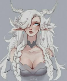 a woman with long white hair and horns on her head