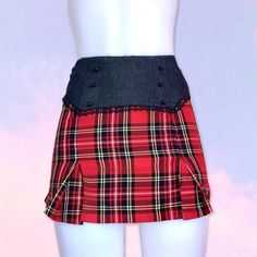 Vintage 90s y2k plaid mini skirt. Denim top part. Pleated skirt. I got this for myself, but it was too small for my hips unfortunately. Too small for the mannequins hips as well. No stretch to the material. By motivi and made in Italy.  27" waist  13.5" length  36" hip Mini Skirt Denim, Skirt Denim, 2000s Fashion Outfits, Plaid Mini Skirt, 2000s Fashion, Denim Top, Pleated Skirt, Labour Day, Vintage 90s