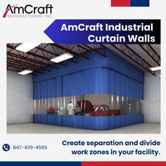 an advertisement for the american industrial curtain walls company, featuring two cars in a garage