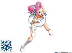 a cartoon character flying through the air with her legs spread out and headphones on