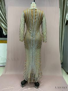 Lasaky - Fashionable Rhinestone Embellished Mesh Perspective Long Sleeve High-Slit Maxi Dress Vacation Dresses Beach, Long Sleeve Layer, Chic Maxi Dresses, High Waist Dress, Beach Skirt, Loose Fitting Dresses, Crewneck Dress, Maxi Dress Cotton, Waist Circumference