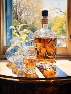 a painting of two glasses and a bottle on a table with a window in the background