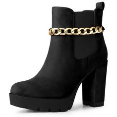 A chain wraps the top of the shaft on these faux suede leather ankle boots set on a chunky heel. These shoes go great in both jeans and dresses. Chunky Heels; Platform; Chain Decor; Block Heel; Ankle Boots; Vamp: Faux Suede; Outsole: Rubber; Heel: ABS; Heel Height: 3 7/8 inches; Shaft Height: 4 3/8 inches; Platform Height: 1 1/8 inches. Elegant Chunky Platform Boots For Party, Suede Platform Boots For Party, Trendy Party Boots With Chain Detail, Trendy Chain Boots For Party, Fall Chain Strap Boots With Round Toe, Fall Boots With Chain Strap And Round Toe, Chain Boots For Party In Fall, Party Boots With Chain Strap For Fall, Chain Boots For Fall Party