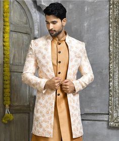 🕴️🕴️ Self Embroidered + Printed INDO WESTERN 3 pice Set 🕴️🕴️ Attributes As Follows Top 👉 - Light Beige Front Open Long Jacket in INDO WESTERN Style Inner Jacket  👉  Beige Sleeveles Premium Silk Inner Jacket Work 1 👉 Self Embroidered + Printed  Trouser 👉 Chididar We Will Do Custom Stitching as per our body measurements Just Like You visit a tailor for stitching  We Will Take Your Body Measurements In whtsapp/Telegram/FB/Zoom Video call Beige Suit Men, Wedding Suit Men, Sherwani Wedding, Costume Beige, Beige Suit, Groom Sherwani, Zoom Video, Suit Groom, Suit Man