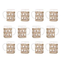 twelve glass mugs with wicker handles are shown in this set on a white background