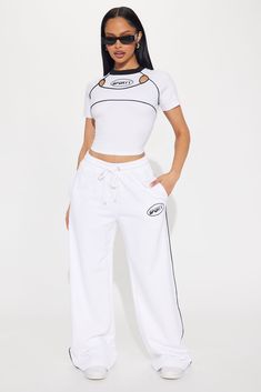 Available In White. Wide Leg Pant Elastic Waistband Drawstring Front Screen Stretch Side Hand Pockets Disclaimer: Due To The Printing Process A Difference In Saturation May Occur. Each Garment Is Unique. 95% Cotton 5% Elastane Imported | Sporty Contrast Wide Leg Pant in White size 2X by Fashion Nova Uzun Boy, Birthday Shoot, Wide Leg Pant, Sporty Outfits, Athletic Pants, Bottom Clothes, White Fashion, Graphic Tees Women, Bottoms Pants