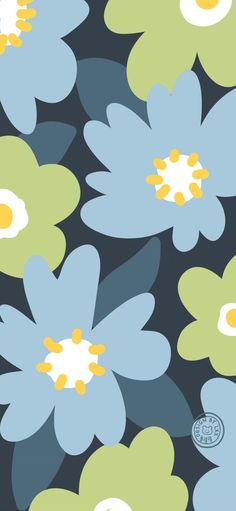 blue and green flowers with yellow centers on a black background, seamless fabric pattern