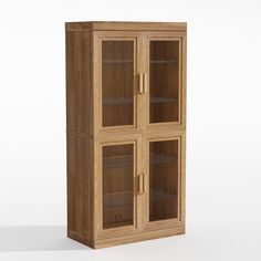 a wooden cabinet with three glass doors on the front and bottom shelves in different sizes