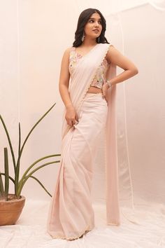 Pink pre-stitched saree with sequin-bead embellished scalloped border. Comes with thread embroidered floral blouse. - Aza Fashions Stitched Saree, Scallop Border, Scalloped Border, Plain Saree, Drape Saree, Blouse Silk, Beaded Neckline, Sequin Beading, Saree With Blouse