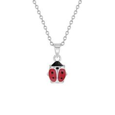 Your sweet girl will appreciate this charmed 925 sterling silver red and black enamel ladybug pendant necklace. Ladybugs are a symbol of good luck and are believed to bring happiness, luck and abundance. This necklace features a delightful enamel ladybug pendant dangling from a chain which is safely secured with a spring ring clasp. This piece will be part of her collection for many years, because it's made from precious materials. Pick one up for your princess, this necklace will be fun and fas Ladybug Necklace, Insect Jewelry, Tiny Treasures, Charm Pendant Necklace, Lady Bug, Chain Link Necklace, Black Enamel, Charm Jewelry, Sterling Silver Necklaces