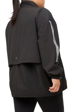 A back vent adds breathability to a sporty jacket complete with reflective stripes on the sleeves. Stand collar   90% recycled polyester, 10% spandex   Hand wash, line dry   Imported Sporty Outerwear With Reflective Details For Sports, Sporty Outerwear With Reflective Details, Sporty Windbreaker With Reflective Details For Sports, Technical Sports Windbreaker With Reflective Details, Black Go-dry Outerwear For Sports, Reflective Athleisure Track Jacket For Fall, Black Go-dry Sports Outerwear, Black Recycled Polyester Windbreaker For Sports, Functional Black Outerwear With Go-dry Technology