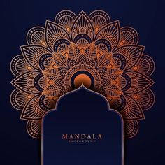 an ornate blue and gold background with the name mandala in arabic calligraphy