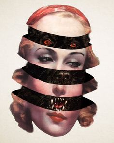 an image of a woman with her mouth wide open and the eyes are wrapped in black tape