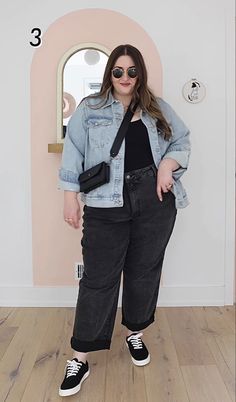 diana dares fall outfit inspo denim jacket black jeans Black Mom Jeans Outfit Plus Size, Plus Size Jeans Jacket Outfit, Black Jeans Plus Size Outfits, Oversized Denim Jacket Outfit Plus Size, Plus Size Outfits Sneakers, Jean Jacket Outfit Plus Size, Plus Size Shirt Tuck, Black Mum Jean Outfits, Denim Jacket Plus Size Outfits