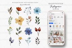 an iphone with flowers and leaves on the screen, next to it is a mockup for