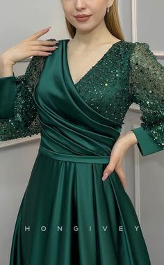 L2403 - Sexy Satin A-Line V-Neck Empire Sequined Long Sleeve Ruched Pa Silk Gown Designs, Satin Party Dress, Elegant Long Sleeve V-neck Dress For Evening, Luxury V-neck Satin Evening Dress, Satin Dress Design, Green Long Sleeve V-neck Dress For Formal Occasions, Green Silk V-neck Evening Dress, Green V-neck Satin Evening Dress, Party Wear Gowns