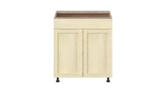 a white cabinet with two doors and a brown top on the left side, in front of a white background