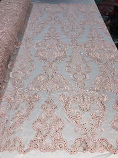 Embellished Lace Embroidered Fabric For Wedding, Pink Fitted Sequin Fabric With Floral Embroidery, Fitted Pink Sequin Fabric With Floral Embroidery, Festive Embroidered Lace Gown, Festive Floral Embroidered Lace Gown, Festive Lace Embroidered Gown, Embroidered Lace Gown For Banquets, Embroidered Lace Gown For Banquet, Festive Lace Gown With Floral Embroidery