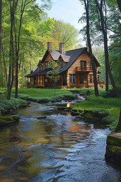 a house in the woods with a stream running through it's foreground and trees surrounding it