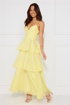 Sorority Formal Dress, Asymmetrical Tiered Skirt, Mysterious Beauty, Frill Skirt, Yellow Bridesmaids, Dress Yellow, Tiered Maxi Dress, Ruffled Maxi Dress, Flowy Skirt