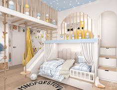 a child's bedroom with bunk beds and stairs