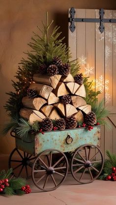 a wagon filled with logs and pine cones