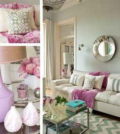 a living room filled with furniture and pink flowers