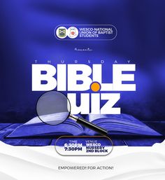 an open book with a magnifying glass on it and the words bible quiz