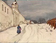 a painting of a woman walking down a snow covered road in front of a building