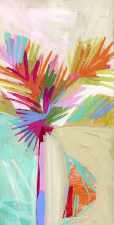 an abstract painting with multicolored flowers in a vase