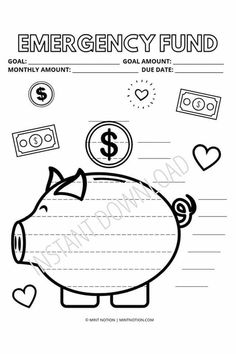 an emergency fund worksheet with money and hearts on the front, in black and white