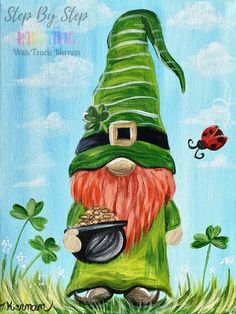 a painting of a lepreite gnome holding a pot