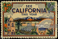 an old postage stamp with the words see california this year written in blue and orange