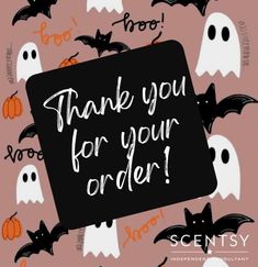 a sign that says thank you for your order with bats and pumpkins in the background