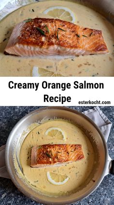 salmon and creamy orange sauce in a skillet