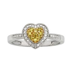 Ring Details: Width: .65 in. Metal: yellow & white rhodium-plated sterling silver Diamond Details: Total weight: 1/10 ct. Cut: round Color: yellow, white Setting: prong Image(s) may be enlarged to show detail.Diamond weights are approximate. Diamond total weights may vary between .01 and .08 ct. Some diamonds have fewer than 17 facets. Gender: female. Age Group: adult. Heart Cut Yellow Jewelry For Anniversary, Yellow Heart Cut Jewelry For Anniversary, Heart Halo Ring, Heart Halo, Rose Gold Halo Engagement Ring, Silver Diamond Necklace, Engagement Rings Vintage Halo, Diamond Heart Ring, Wedding Rings Halo