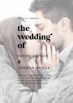 a couple kissing each other in front of the words, the wedding of emery taylor and garrison brock