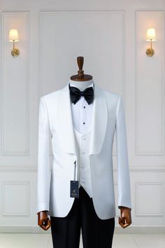 "*3 Piece White,  Shawl Lapel Men's Tuxedo, Groom Suit *Fabric: %100 Wool & Satin, Thick, Warm, Comfortable, Breathable, Softer, Satin Feeling *Center One-Button Blazer And, 4 Button Vest With Zipper Fly Pants *Slim Fit, 10 Cm Shawl Lapel, Jetted Pocket *Double Vent On The Behind Of The Jacket *This Suit Has A 6\" Drop Which Is The Difference Between The Size Of The Jacket & Pants. For Example, A 40r Jacket Includes A 34W Pant *Dry Clean Only Important Note: All Our Products Are Ready In Stock! Luxury White Tuxedo For Groom, White Three-piece Groom Suit, Classic White Sets For Black Tie Occasions, Luxury White Three-piece Suit For Groom, Luxury White Sets For Groom, Luxury White Sets For Grooms, White Tuxedo Business Set, Luxury Groom's Suiting Fabric Sets, Classic Tuxedo With Suit Collar For Ceremony