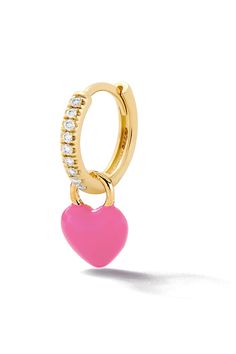 A little love goes a long way. Customize your charm with your choice of enamel color. Choose between plain gold or pavé white diamond huggie. Yellow Gold Enamel Huggie Jewelry, Enamel Huggie Jewelry Gift, Pink Heart Charm Huggie Jewelry, Pink Huggie Jewelry With Heart Charm, Violet Diamond, Alison Lou, Earring Gold, Tiny Heart, Fine Jewelry Designers