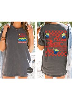 two pictures of a woman wearing a gray shirt with the words pizza planet on it