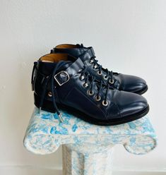 Balenciaga navy lace up ankle boots with an extra buckled strap and a low heel. They are worn but well cared for. Navy Lace, Navy Leather, Leather Moto, Lace Up Ankle Boots, Boot Shoes Women, Low Heels, Balenciaga, Brooklyn, Womens Boots