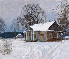 a painting of a house in the snow