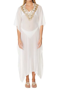 Enjoy sunny days in this elegant cover-up caftan crafted in a semisheer silhouette with striking beadwork. V-neck Three-quarter sleeves 100% viscose Dry clean Imported Model stats: 5'10" height, 32" bust, 25" waist, 36" hip. Model is wearing size One Size. Daytime Dresses, Three Quarter Sleeves, Three Quarter, Sunny Days, Sundress, Bead Work, Nordstrom Rack, Cover Up, Dress Outfits