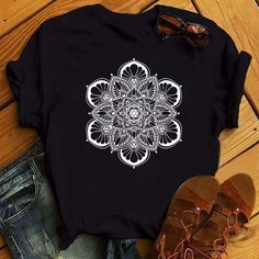 Versatile Mandala Art Tees: Casual Elegance in Black & White Mandala Floral, 90s Girl, Casual Shirt Women, Fashion T Shirt, Yoga Shirts, Loose Shorts, Tees For Women, T Shirt Women, Casual Elegance