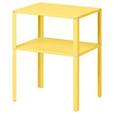 a yellow side table with two shelves on each side and one shelf at the top