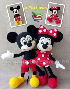 two crocheted mickey and minnie mouses are posed next to each other with their arms around each other