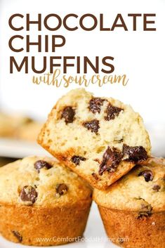 three chocolate chip muffins stacked on top of each other with the title above it