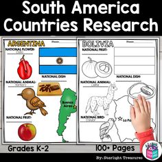 the south america countries research worksheet is shown with an image of a hand pointing at