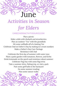 the june activities in season for elders is shown with an image of flowers and leaves