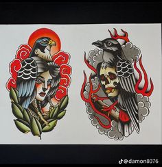 two tattoos with birds and skulls on them